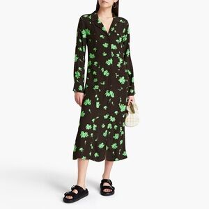 NWT - Ganni - Floral-print Crepe Midi Shirt Dress - Dark Brown
